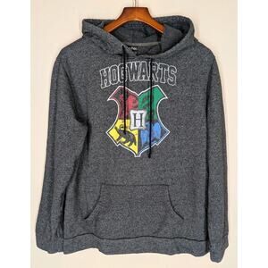 Harry Potter Hogwarts Adult Pullover Hoodie Sweatshirt Crest Logo Gray Sz Large